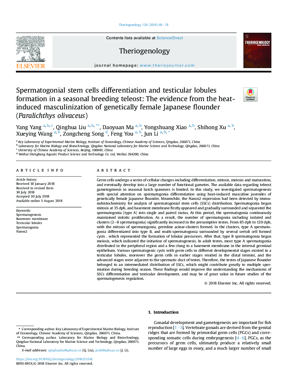 Spermatogonial stem cells differentiation and testicular lobules formation in a seasonal breeding teleost: The evidence from the heat-induced masculinization of genetically female Japanese flounder (Paralichthys olivaceus)