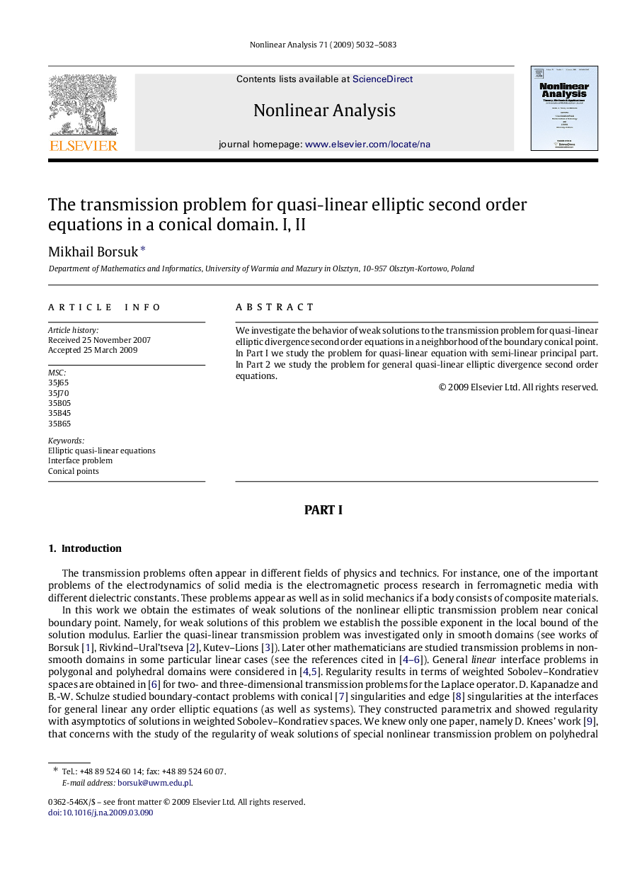 The transmission problem for quasi-linear elliptic second order equations in a conical domain. I, II