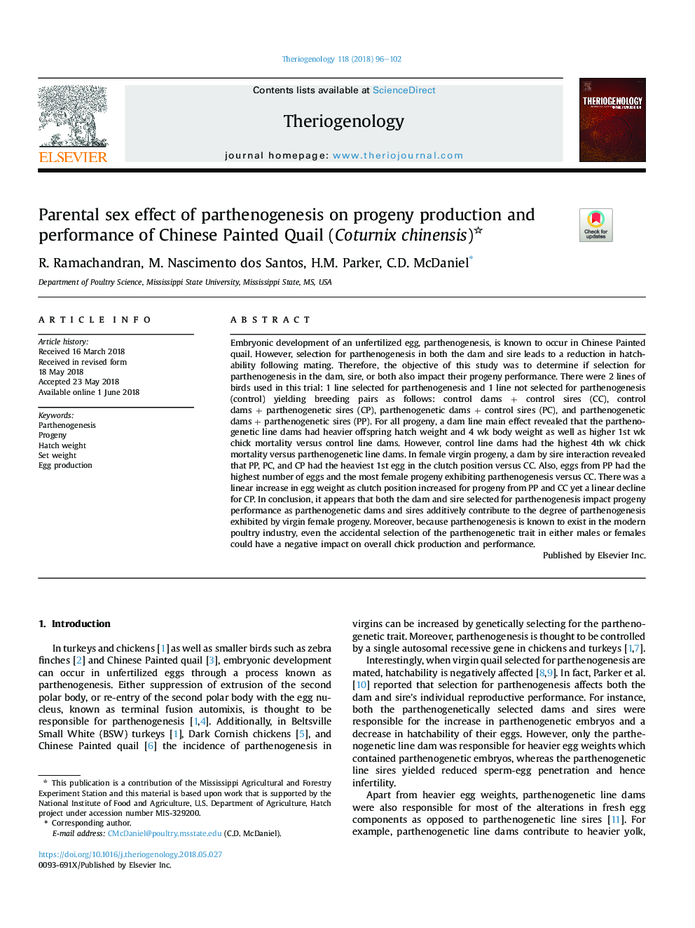 Parental sex effect of parthenogenesis on progeny production and performance of Chinese Painted Quail (Coturnix chinensis)