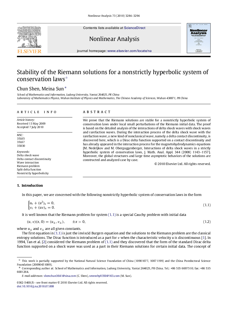 Stability of the Riemann solutions for a nonstrictly hyperbolic system of conservation laws 