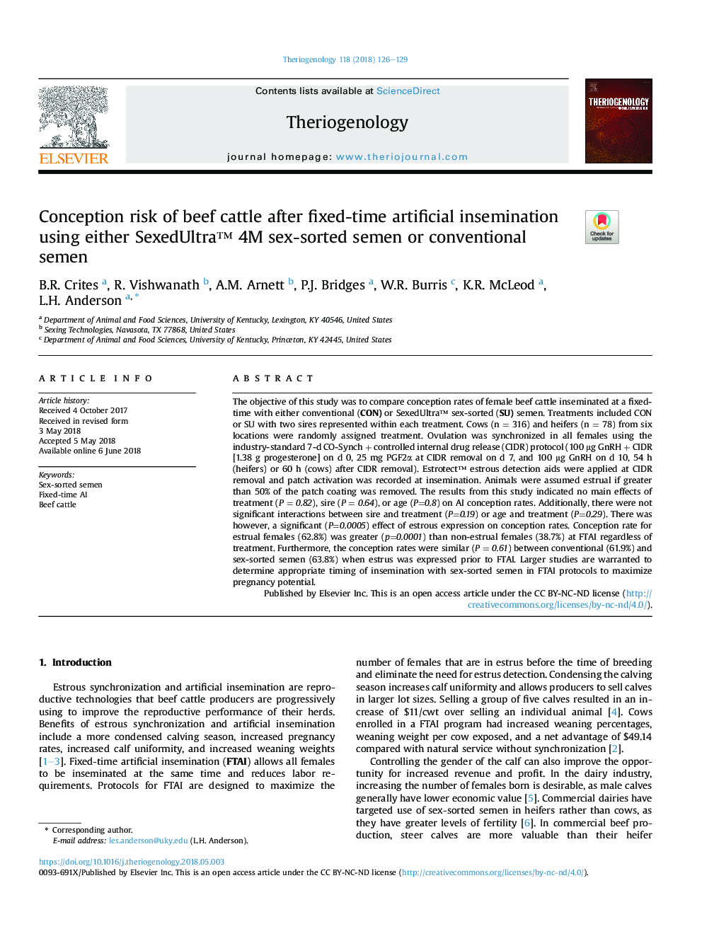 Conception risk of beef cattle after fixed-time artificial insemination using either SexedUltraâ¢ 4M sex-sorted semen or conventional semen