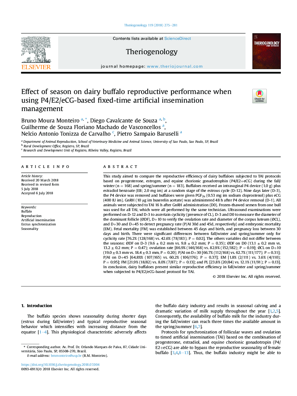 Effect of season on dairy buffalo reproductive performance when using P4/E2/eCG-based fixed-time artificial insemination management