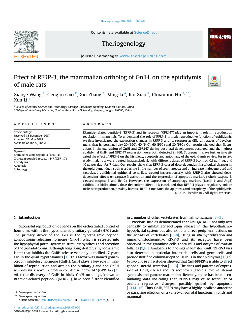 Effect of RFRP-3, the mammalian ortholog of GnIH, on the epididymis of male rats