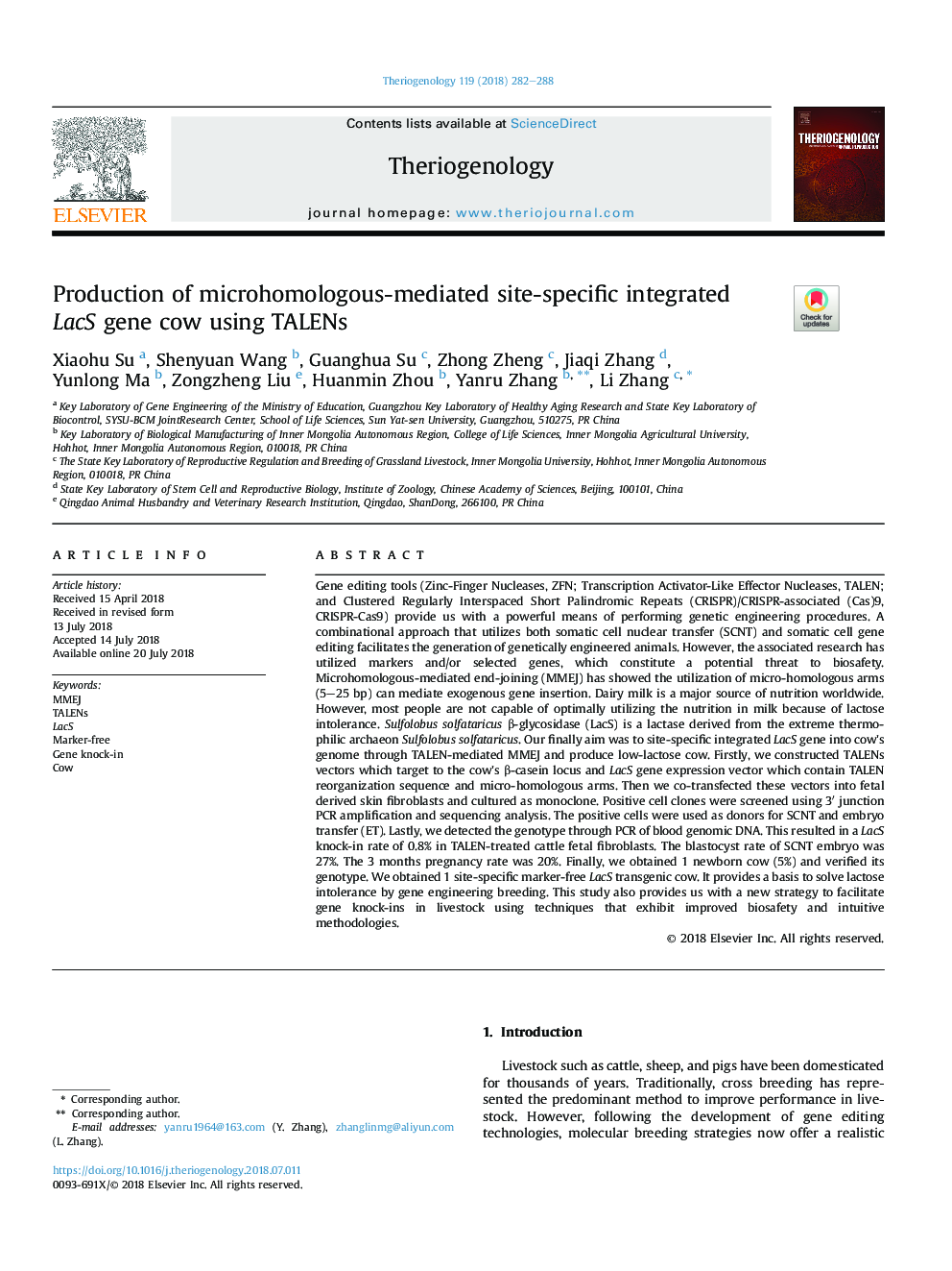 Production of microhomologous-mediated site-specific integrated LacS gene cow using TALENs