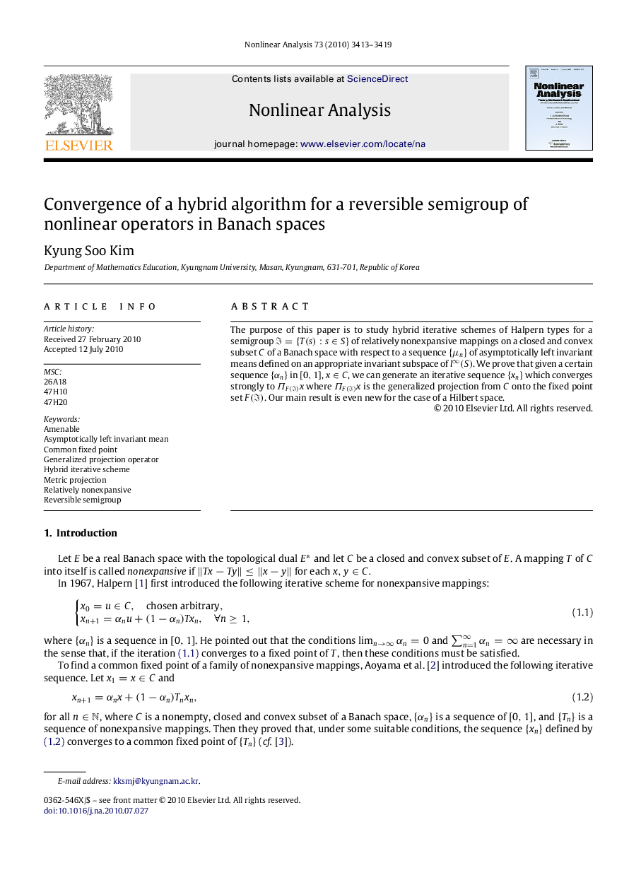 Convergence of a hybrid algorithm for a reversible semigroup of nonlinear operators in Banach spaces