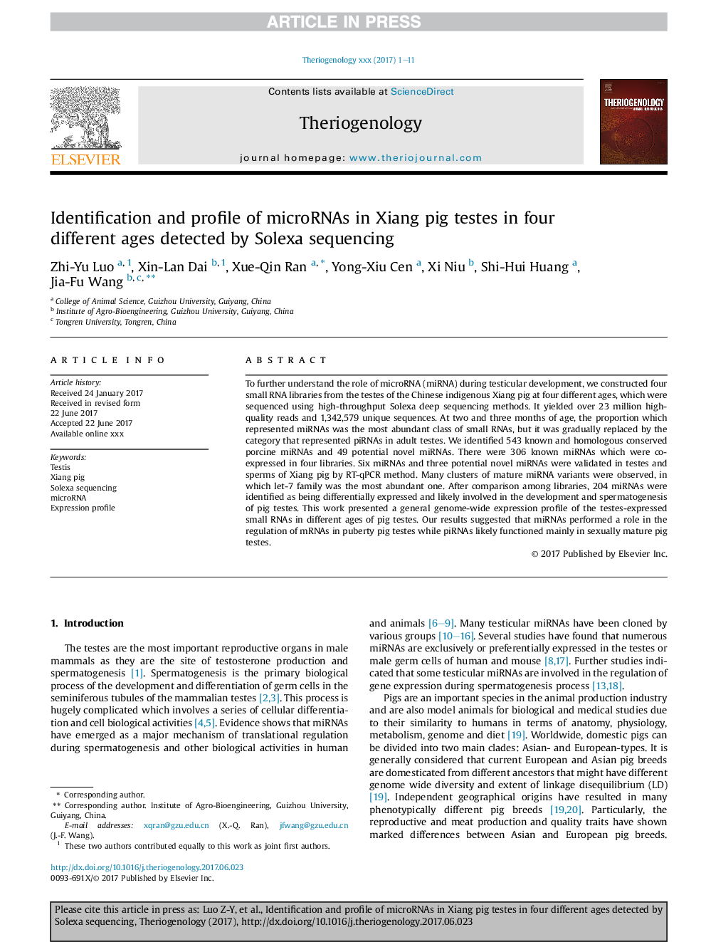 Identification and profile of microRNAs in Xiang pig testes in four different ages detected by Solexa sequencing