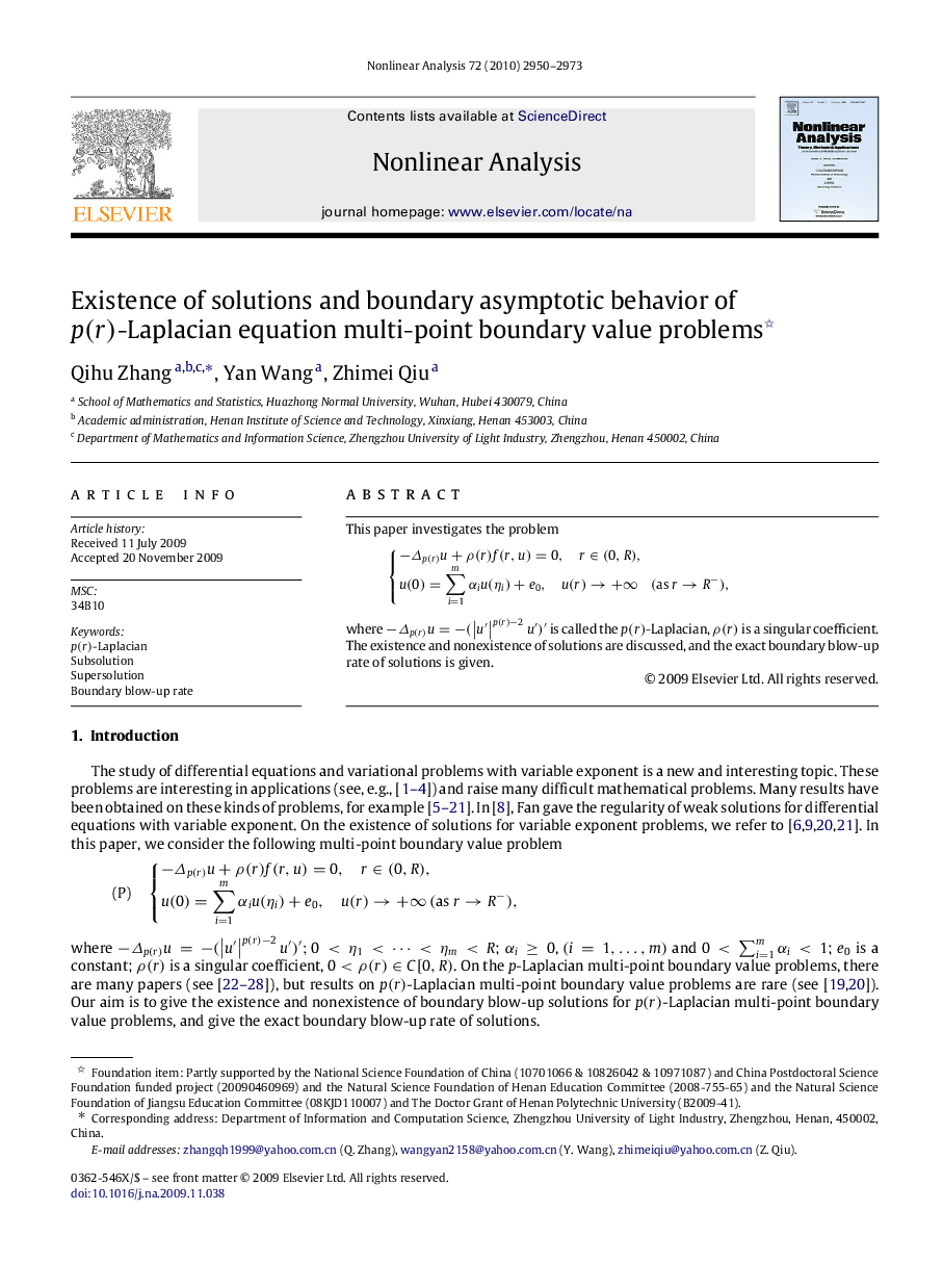 Existence of solutions and boundary asymptotic behavior of p(r)p(r)-Laplacian equation multi-point boundary value problems 