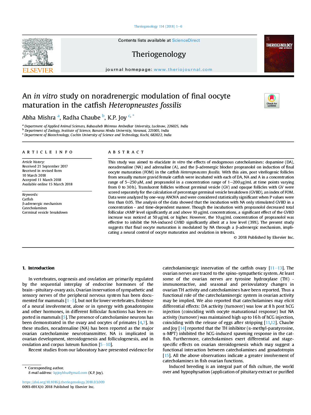 An inÂ vitro study on noradrenergic modulation of final oocyte maturation in the catfish Heteropneustes fossilis