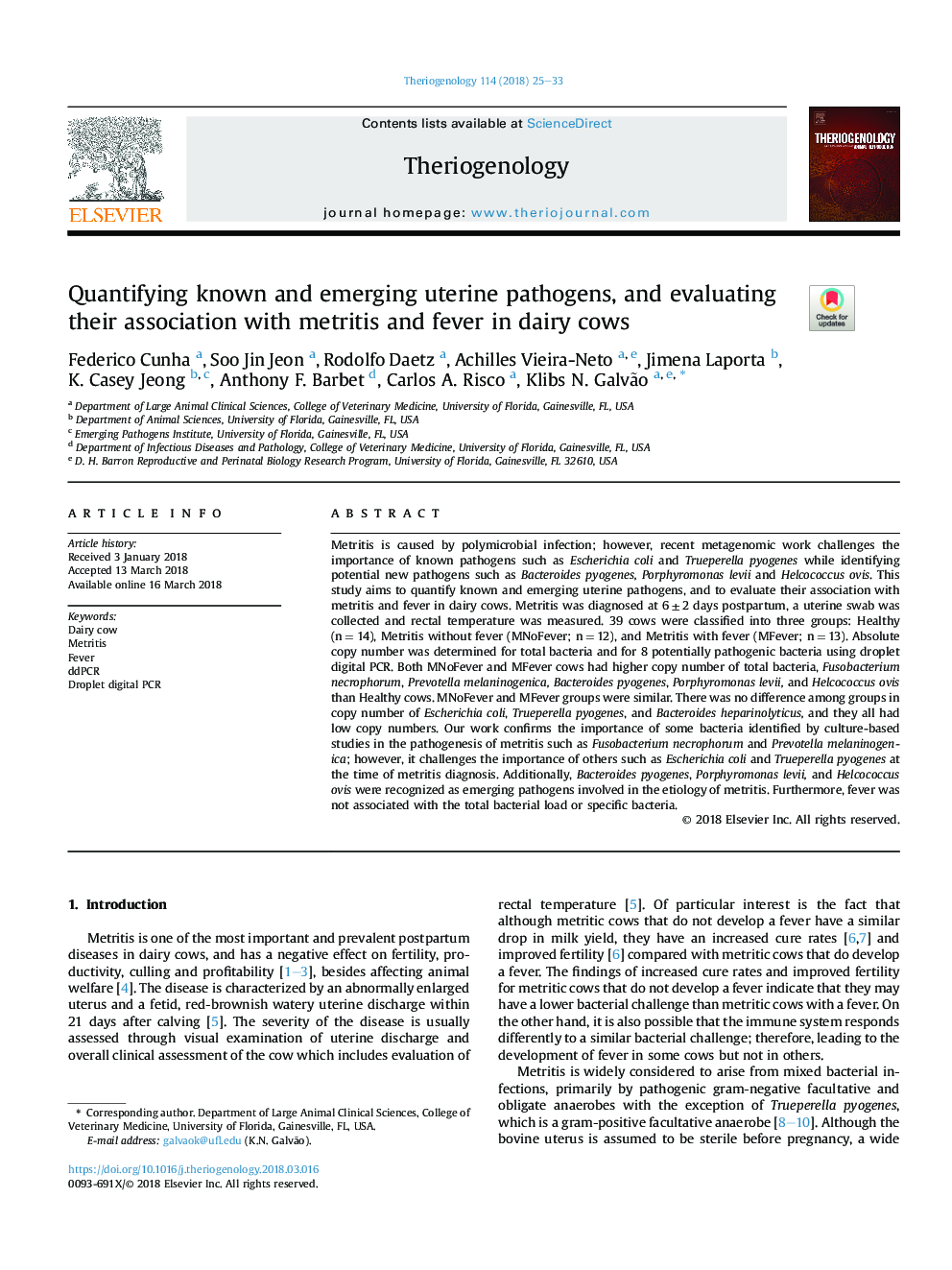 Quantifying known and emerging uterine pathogens, and evaluating their association with metritis and fever in dairy cows