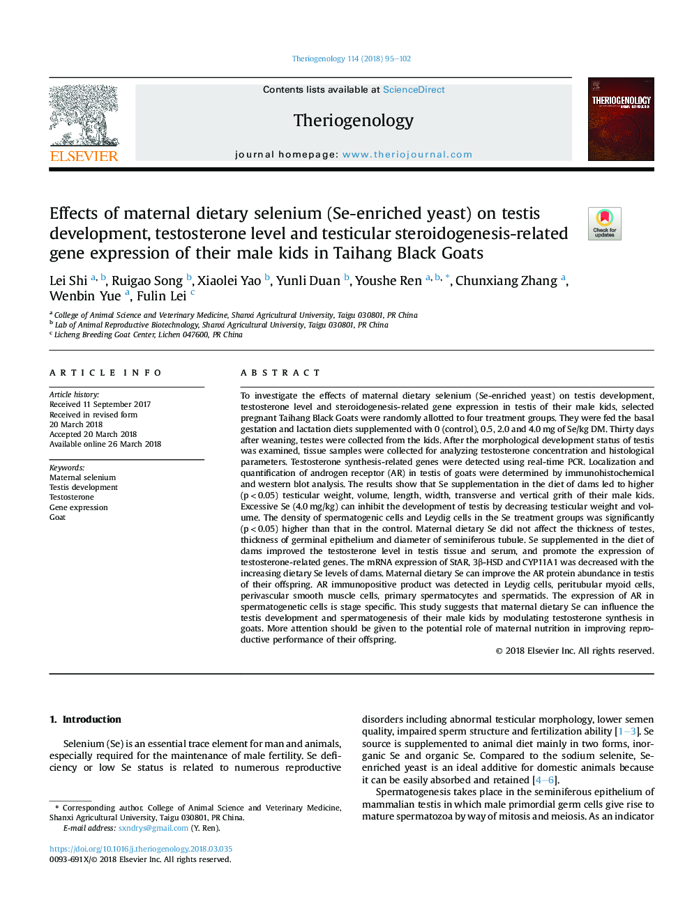 Effects of maternal dietary selenium (Se-enriched yeast) on testis development, testosterone level and testicular steroidogenesis-related gene expression of their male kids in Taihang Black Goats