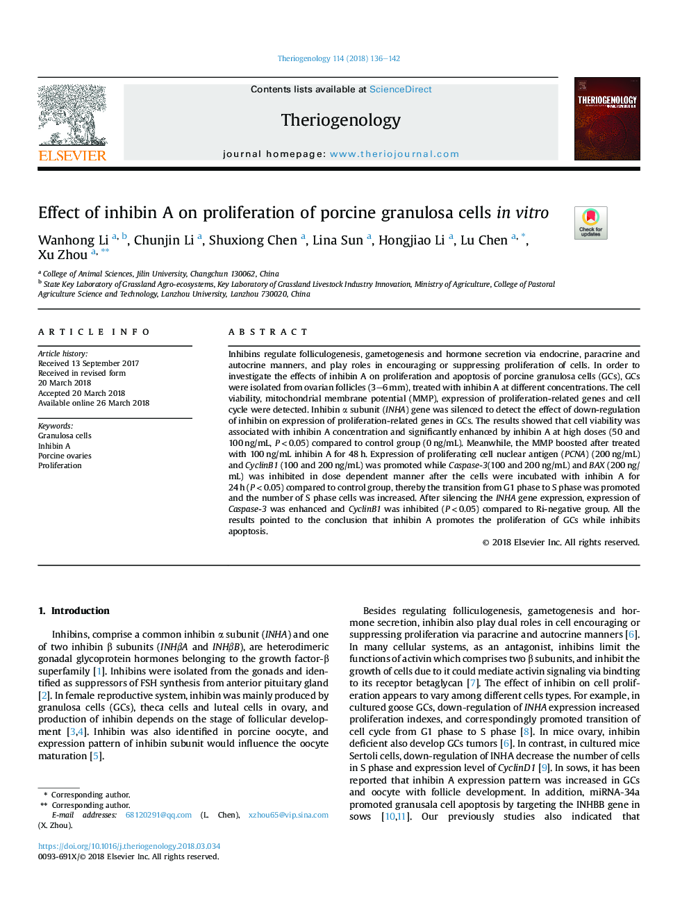 Effect of inhibin A on proliferation of porcine granulosa cells inÂ vitro