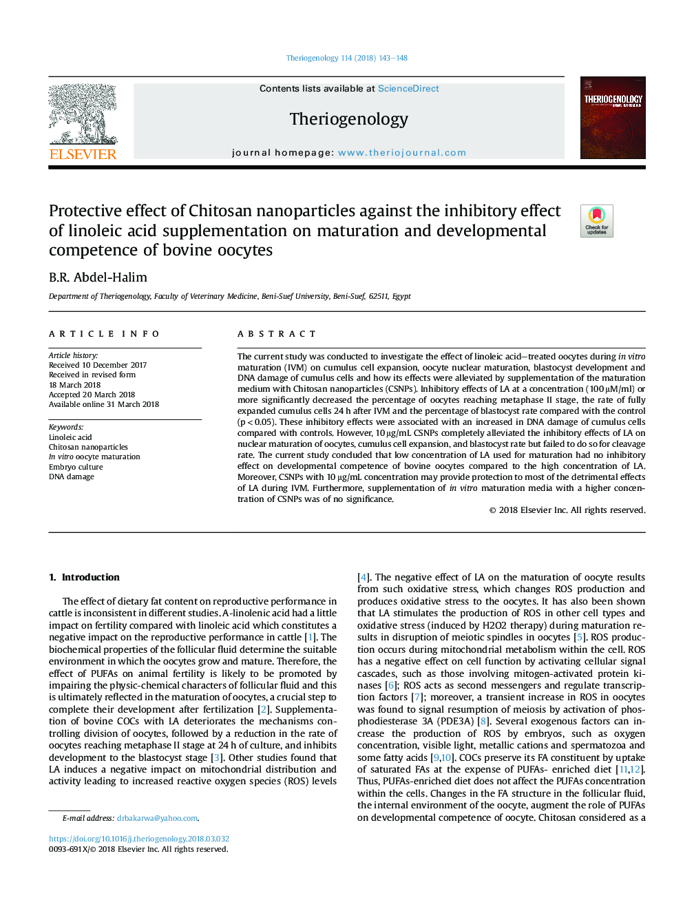 Protective effect of Chitosan nanoparticles against the inhibitory effect of linoleic acid supplementation on maturation and developmental competence of bovine oocytes