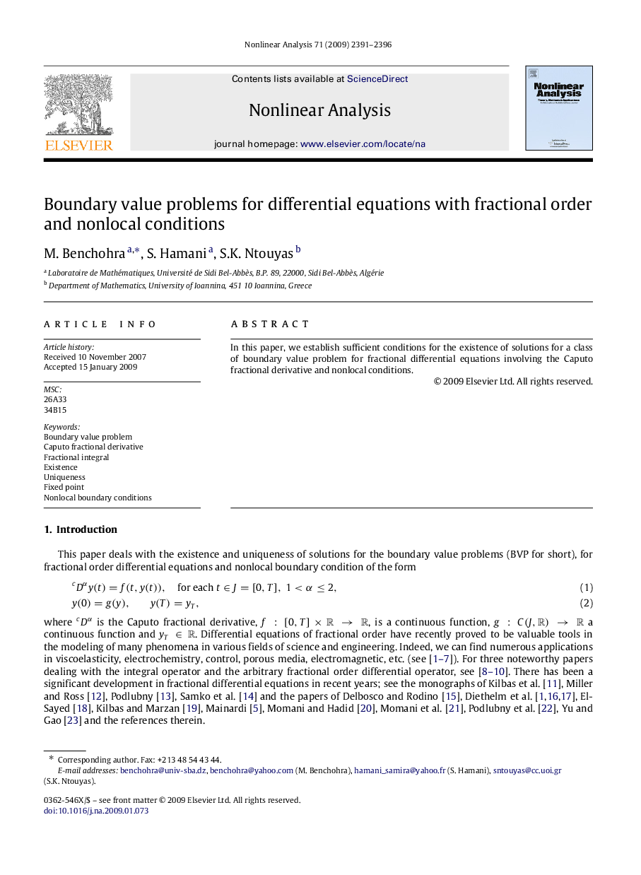 Boundary value problems for differential equations with fractional order and nonlocal conditions