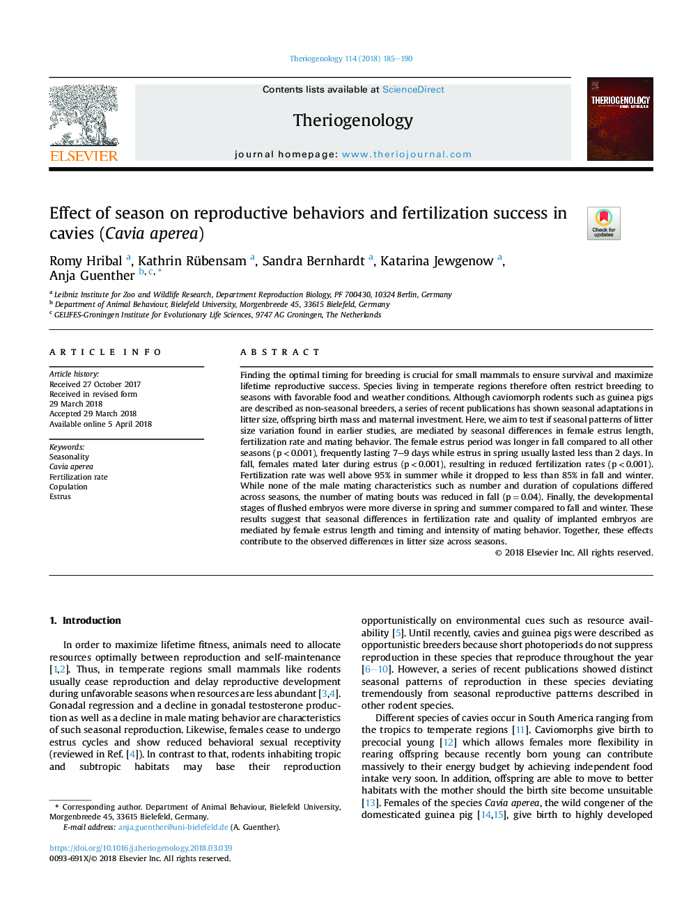 Effect of season on reproductive behaviors and fertilization success in cavies (Cavia aperea)