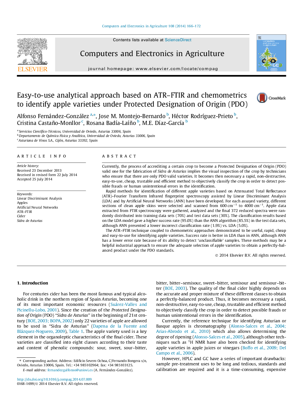 Easy-to-use analytical approach based on ATR–FTIR and chemometrics to identify apple varieties under Protected Designation of Origin (PDO)