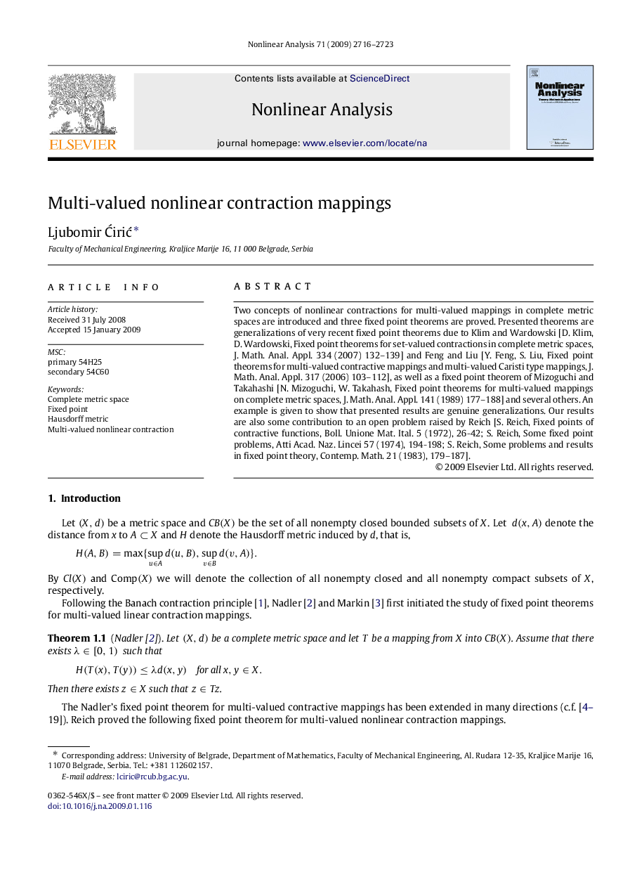 Multi-valued nonlinear contraction mappings