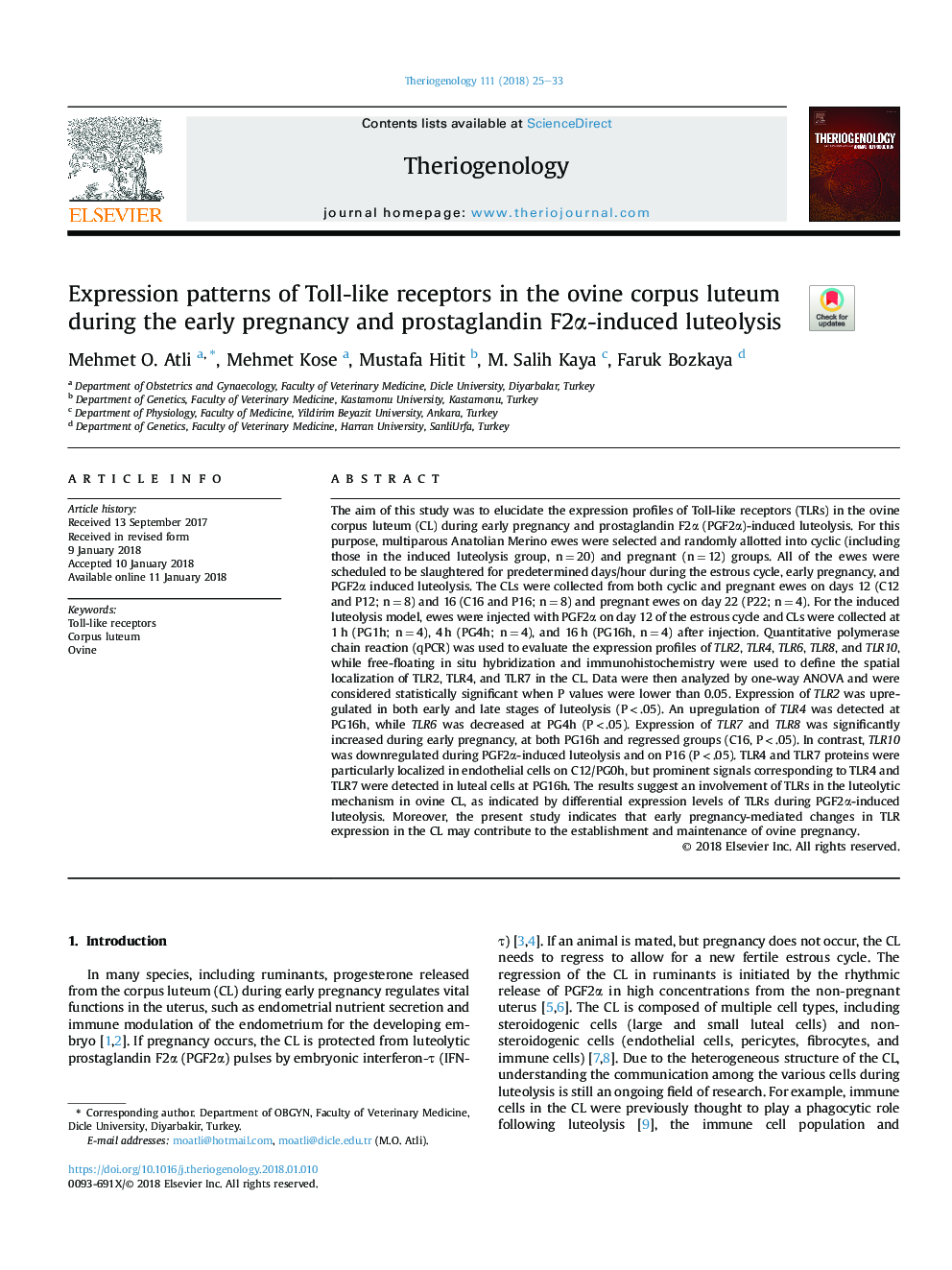 Expression patterns of Toll-like receptors in the ovine corpus luteum during the early pregnancy and prostaglandin F2Î±-induced luteolysis