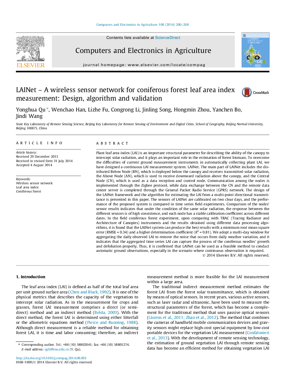 LAINet – A wireless sensor network for coniferous forest leaf area index measurement: Design, algorithm and validation