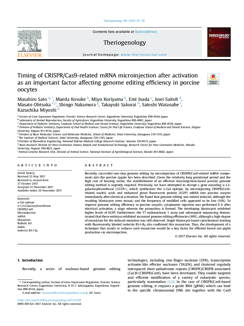 عکس صفحه اول مقاله: Timing of CRISPR/Cas9-related mRNA microinjection after activation as an important factor affecting genome editing efficiency in porcine oocytes Timing of CRISPR/Cas9-related mRNA microinjection after activation as an important factor affecting genome editing efficiency in porcine oocytes