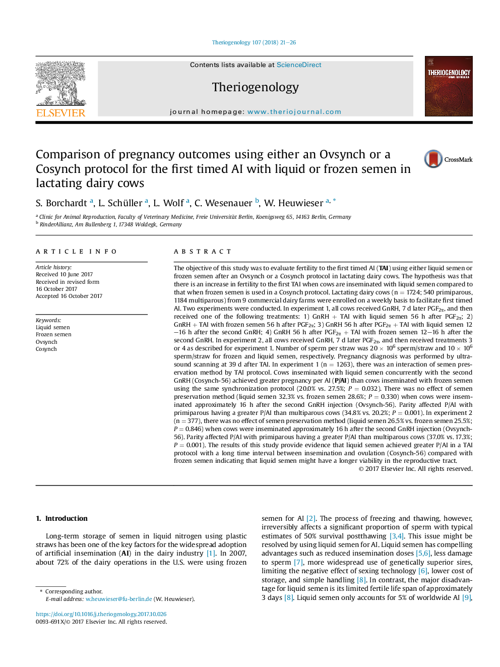 Comparison of pregnancy outcomes using either an Ovsynch or a Cosynch protocol for the first timed AI with liquid or frozen semen in lactating dairy cows