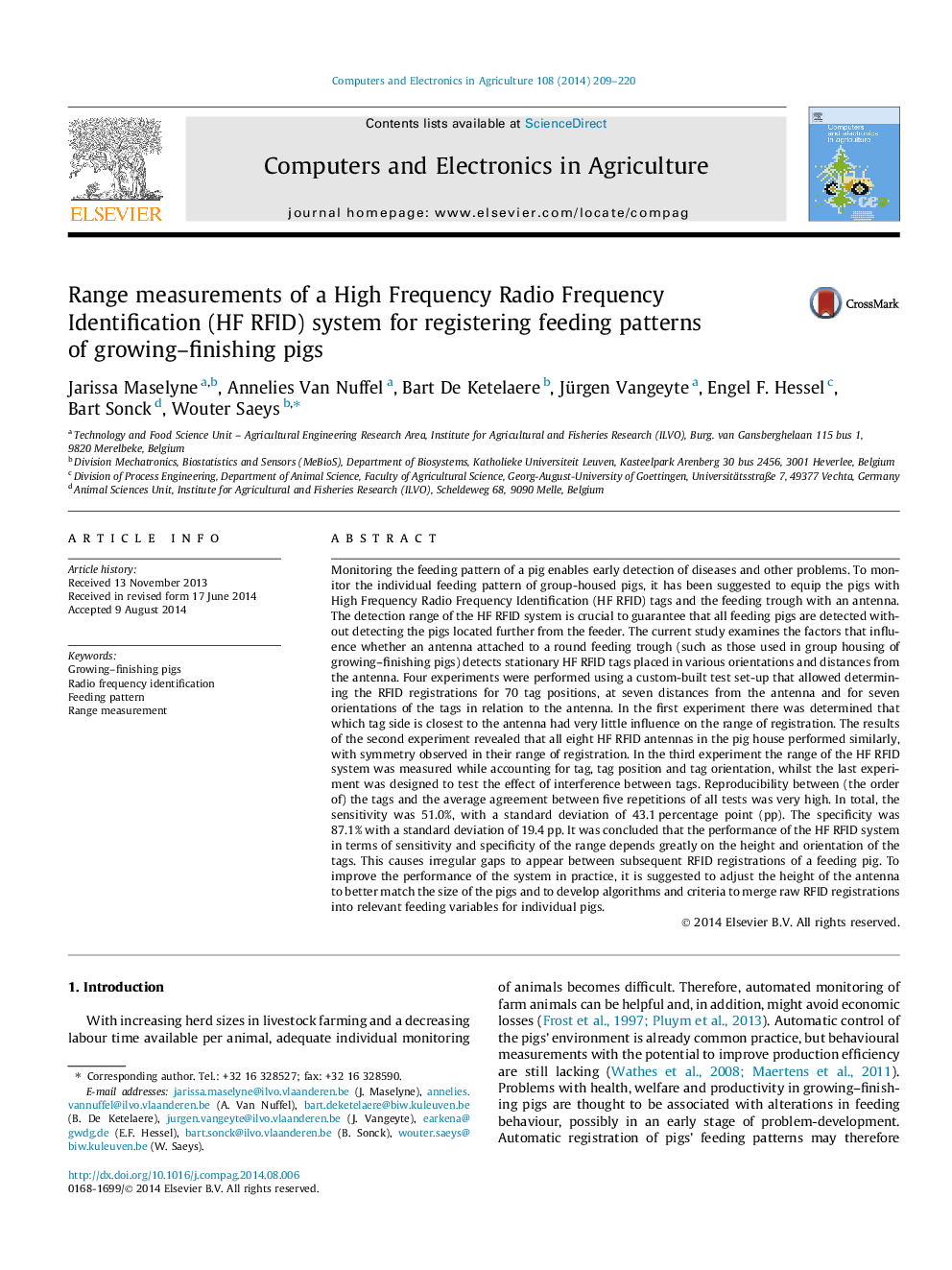 Range measurements of a High Frequency Radio Frequency Identification (HF RFID) system for registering feeding patterns of growing–finishing pigs