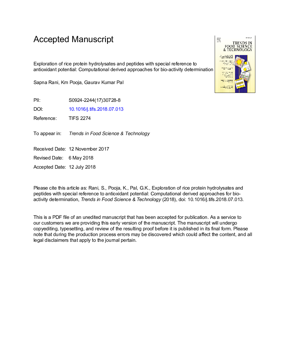 Exploration of rice protein hydrolysates and peptides with special reference to antioxidant potential: Computational derived approaches for bio-activity determination