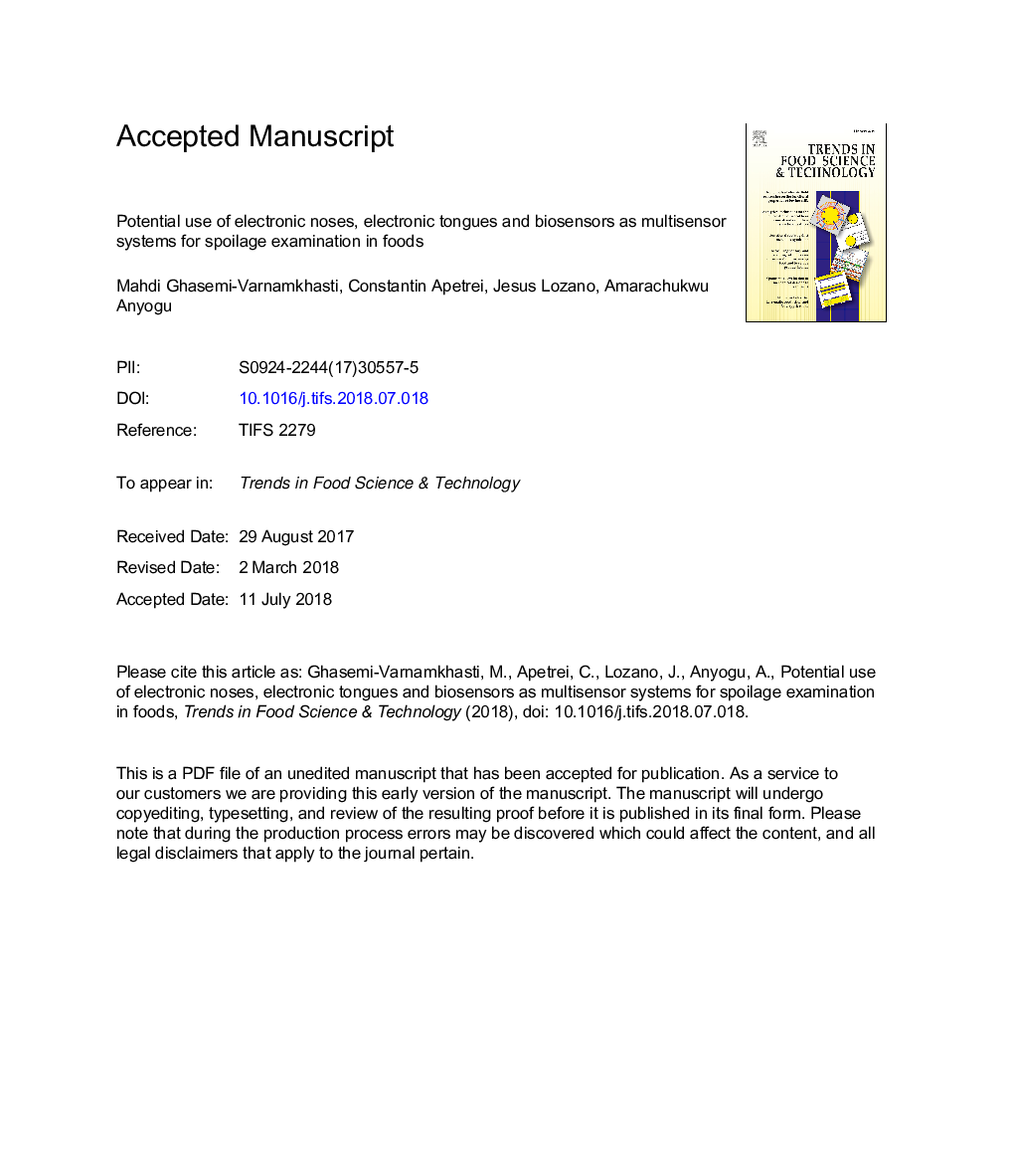 Potential use of electronic noses, electronic tongues and biosensors as multisensor systems for spoilage examination in foods