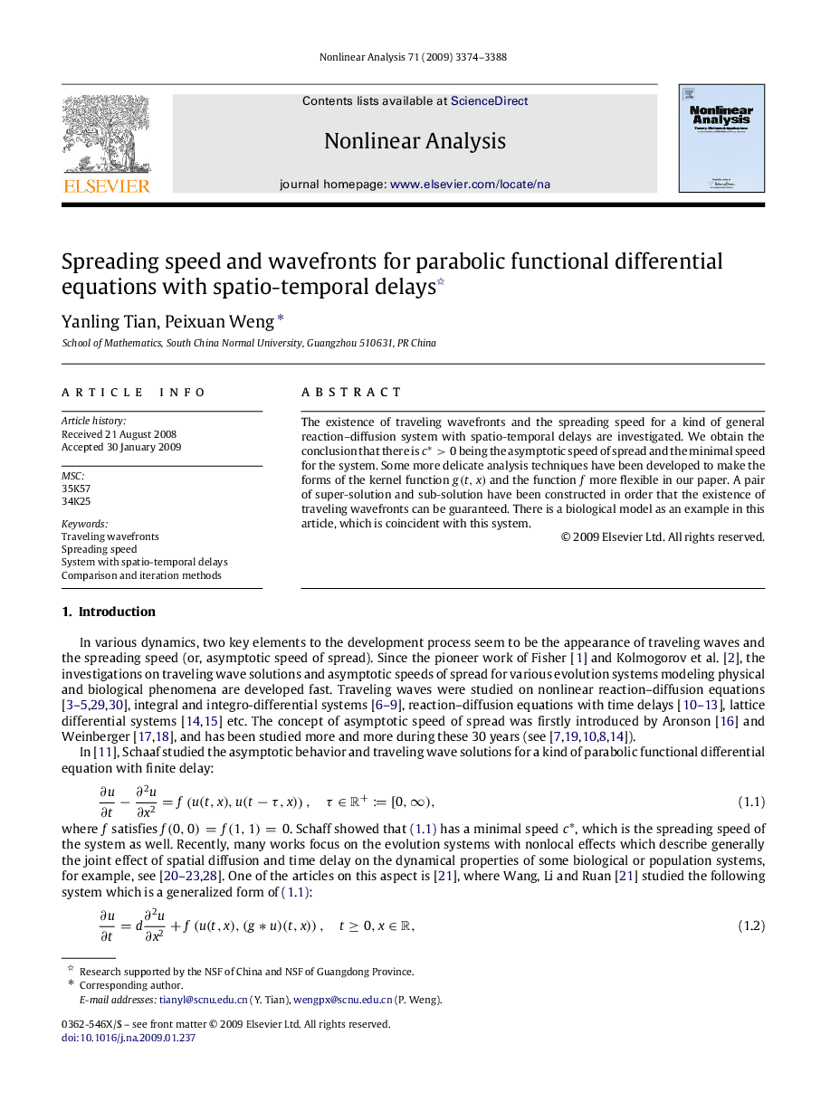 عکس صفحه اول مقاله: Spreading speed and wavefronts for parabolic functional differential equations with spatio-temporal delays Spreading speed and wavefronts for parabolic functional differential equations with spatio-temporal delays