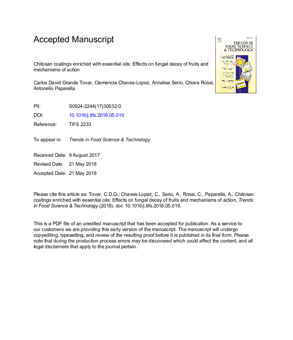 Chitosan coatings enriched with essential oils: Effects on fungi involved in fruit decay and mechanisms of action