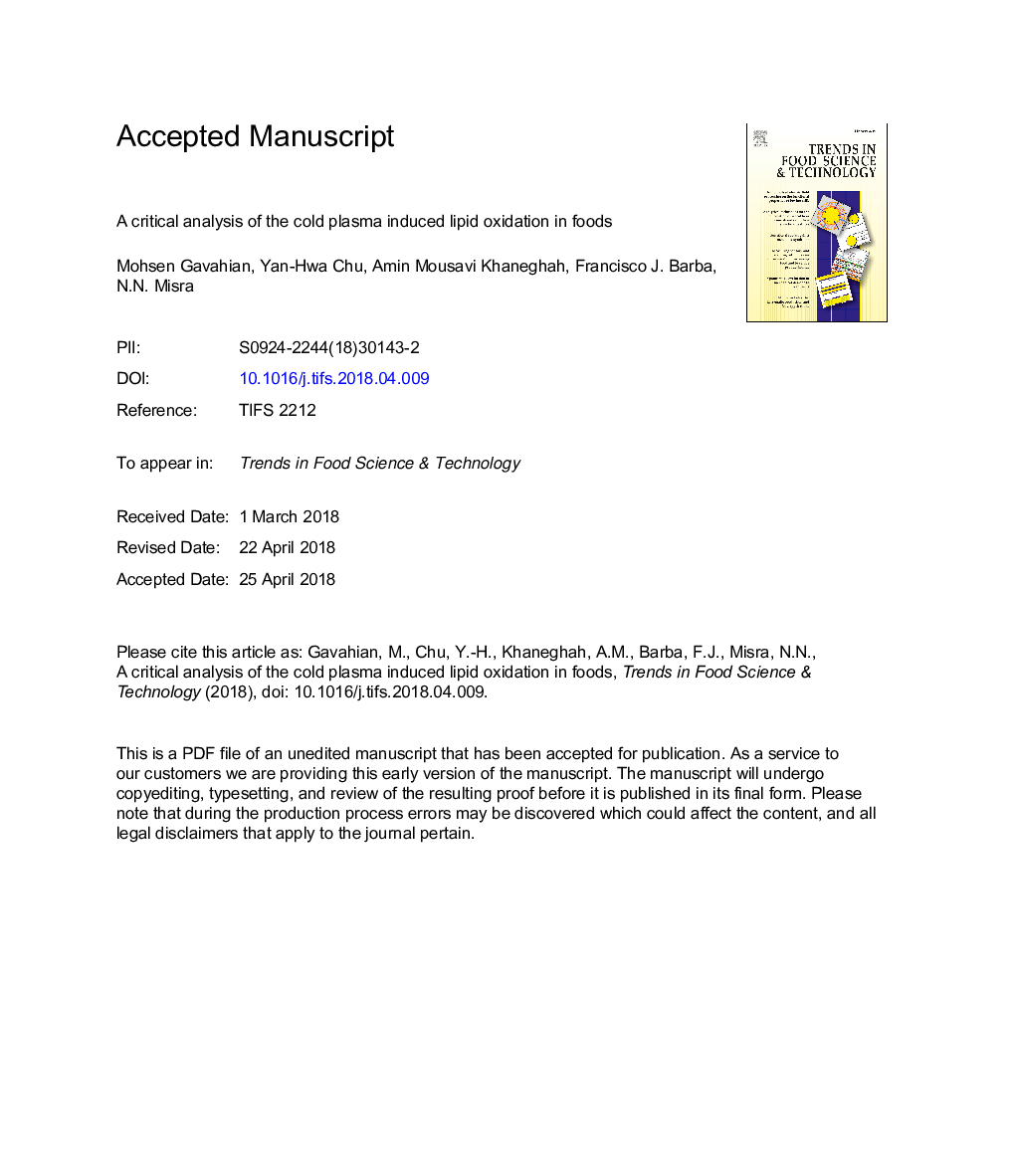 A critical analysis of the cold plasma induced lipid oxidation in foods