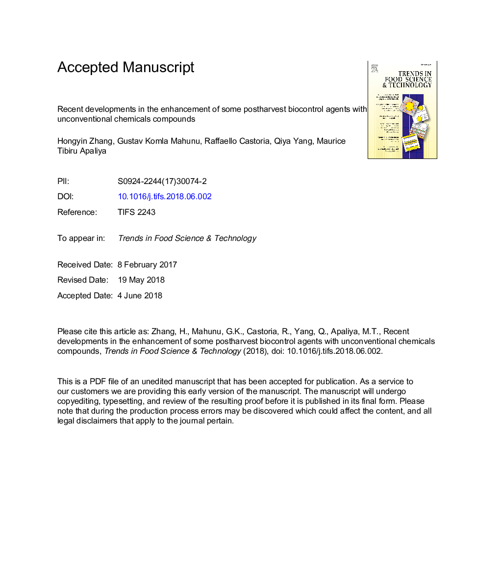 Recent developments in the enhancement of some postharvest biocontrol agents with unconventional chemicals compounds