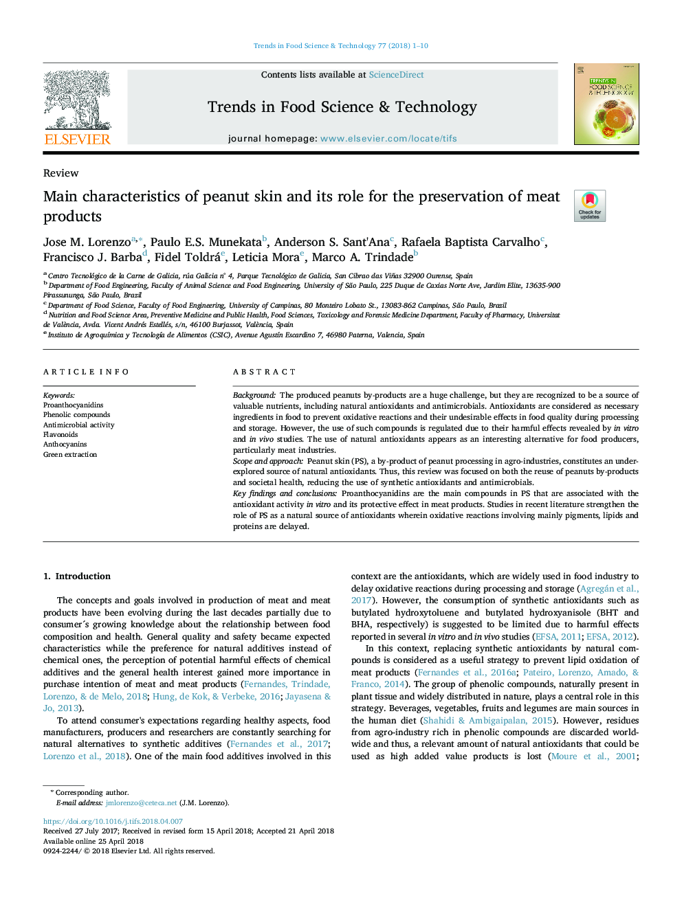 Main characteristics of peanut skin and its role for the preservation of meat products
