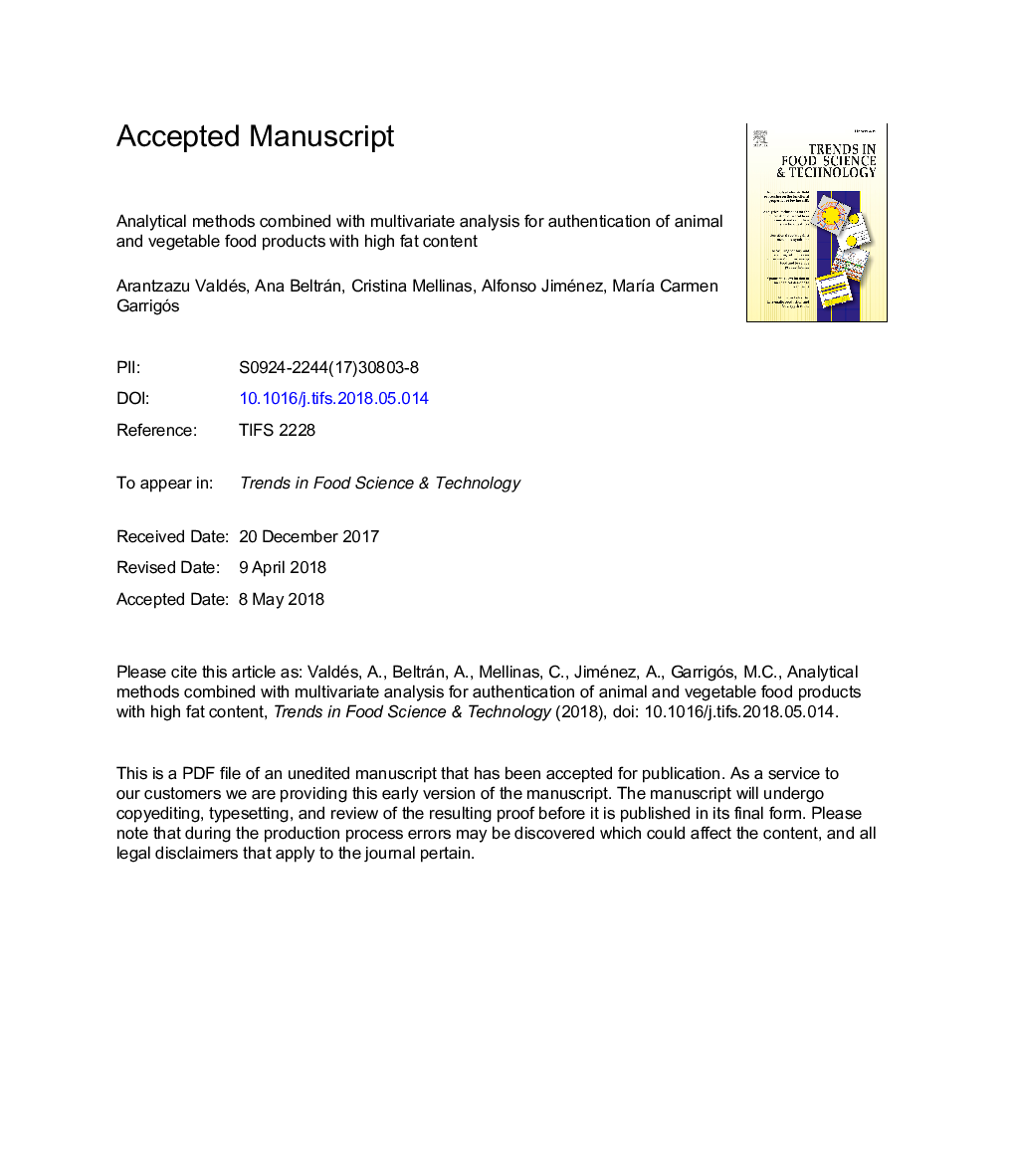 Analytical methods combined with multivariate analysis for authentication of animal and vegetable food products with high fat content