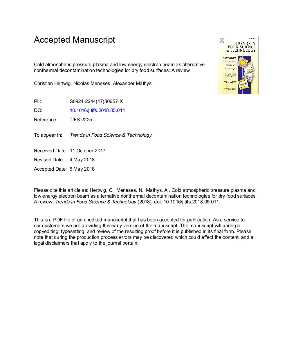 Cold atmospheric pressure plasma and low energy electron beam as alternative nonthermal decontamination technologies for dry food surfaces: A review