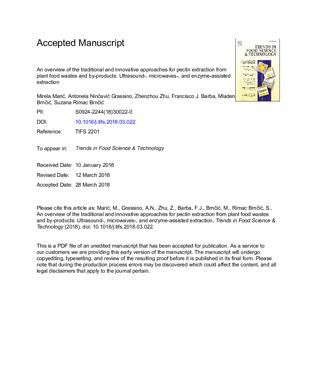 An overview of the traditional and innovative approaches for pectin extraction from plant food wastes and by-products: Ultrasound-, microwaves-, and enzyme-assisted extraction