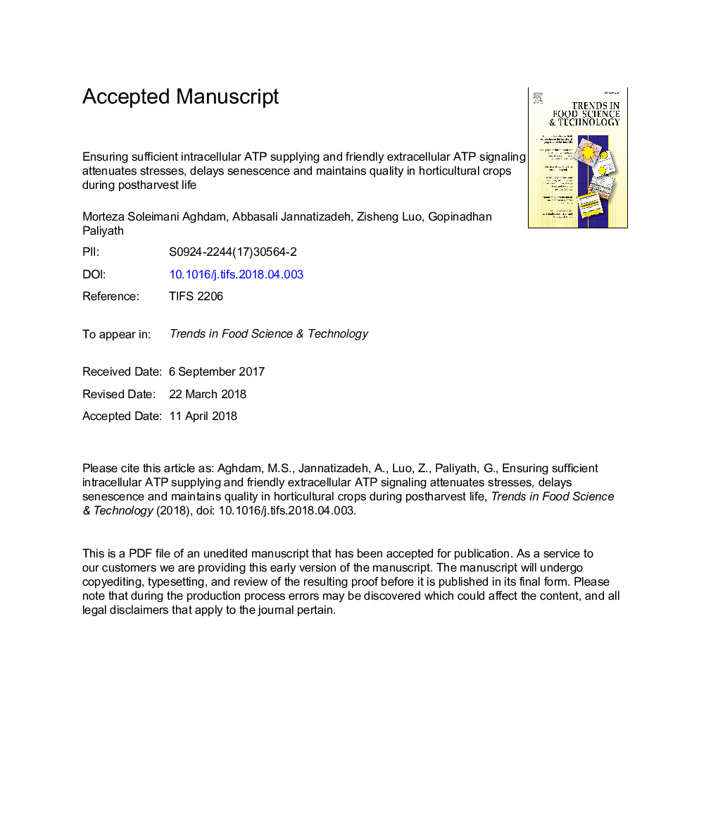 Ensuring sufficient intracellular ATP supplying and friendly extracellular ATP signaling attenuates stresses, delays senescence and maintains quality in horticultural crops during postharvest life