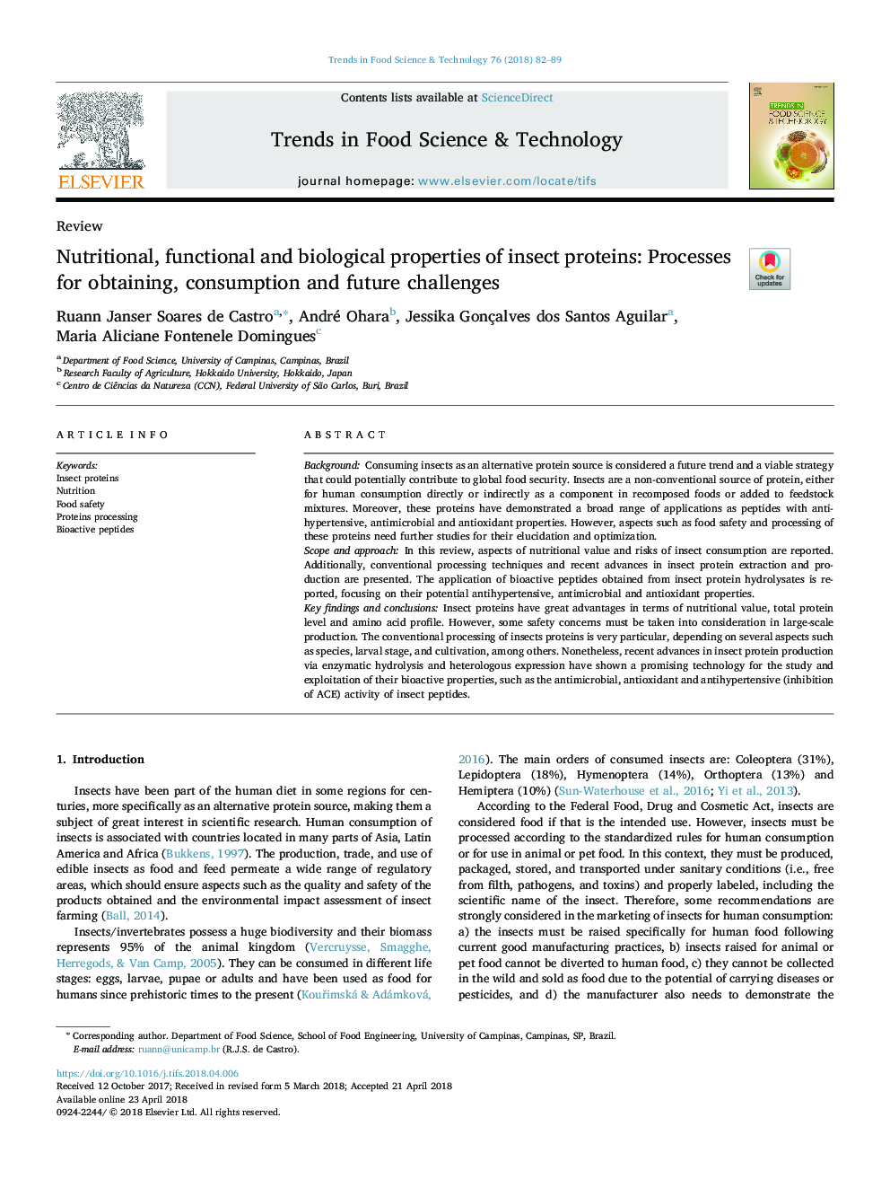 Nutritional, functional and biological properties of insect proteins: Processes for obtaining, consumption and future challenges