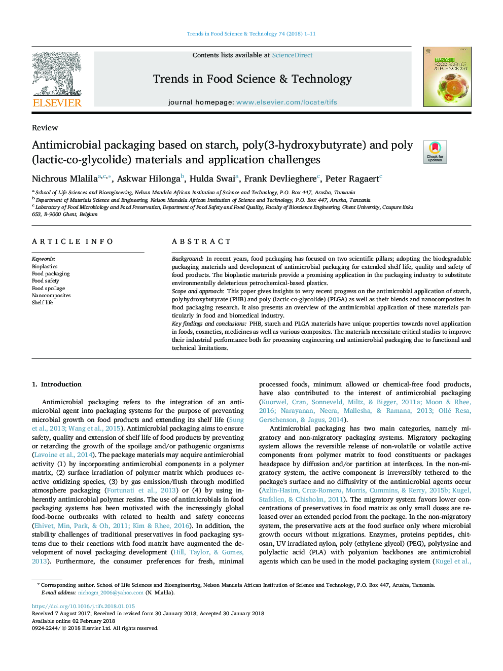 Antimicrobial packaging based on starch, poly(3-hydroxybutyrate) and poly(lactic-co-glycolide) materials and application challenges