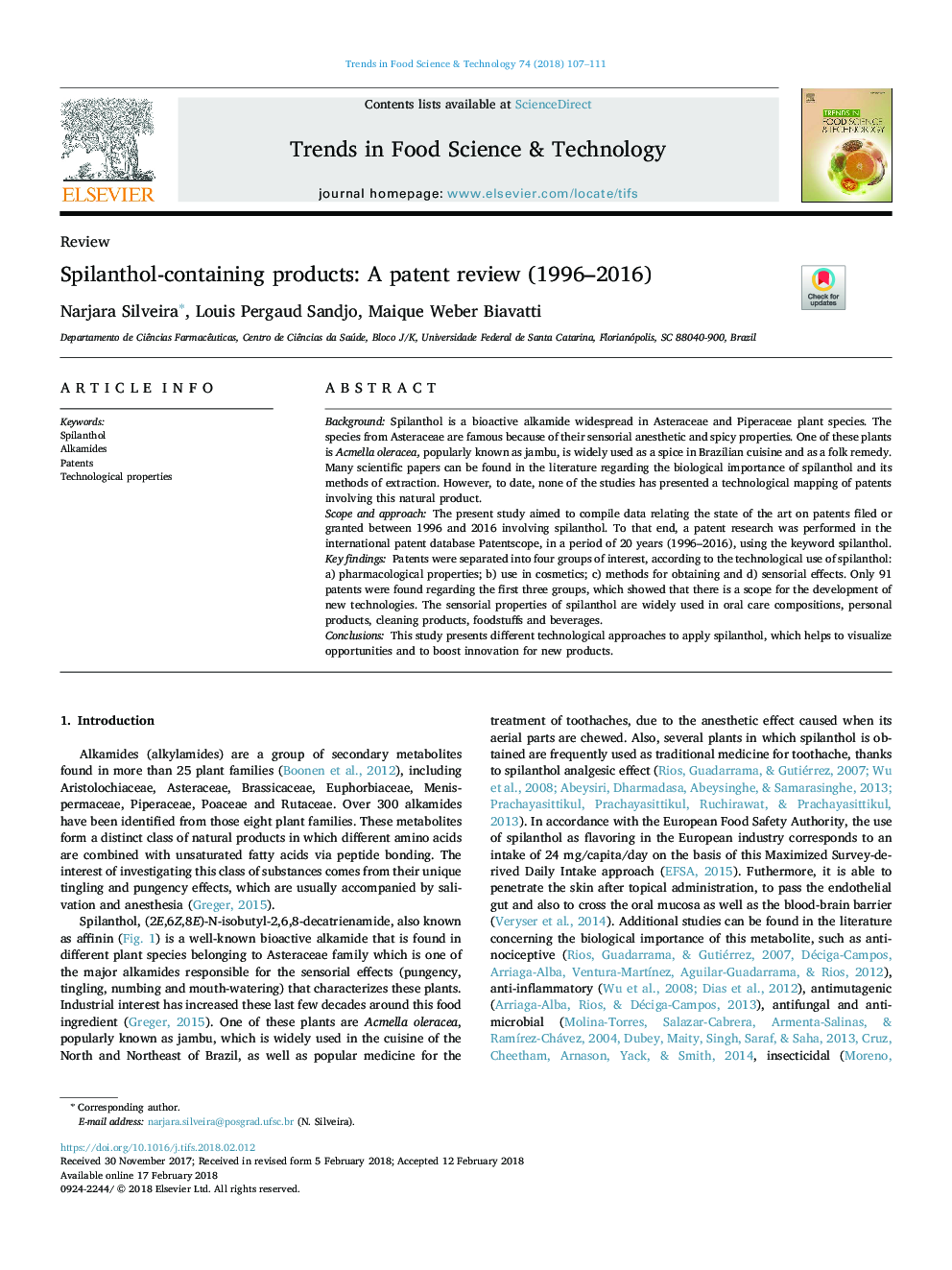 Spilanthol-containing products: A patent review (1996-2016)