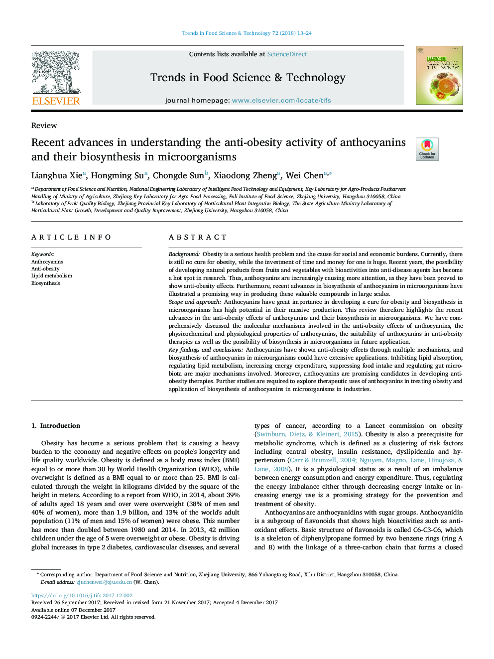 Recent advances in understanding the anti-obesity activity of anthocyanins and their biosynthesis in microorganisms