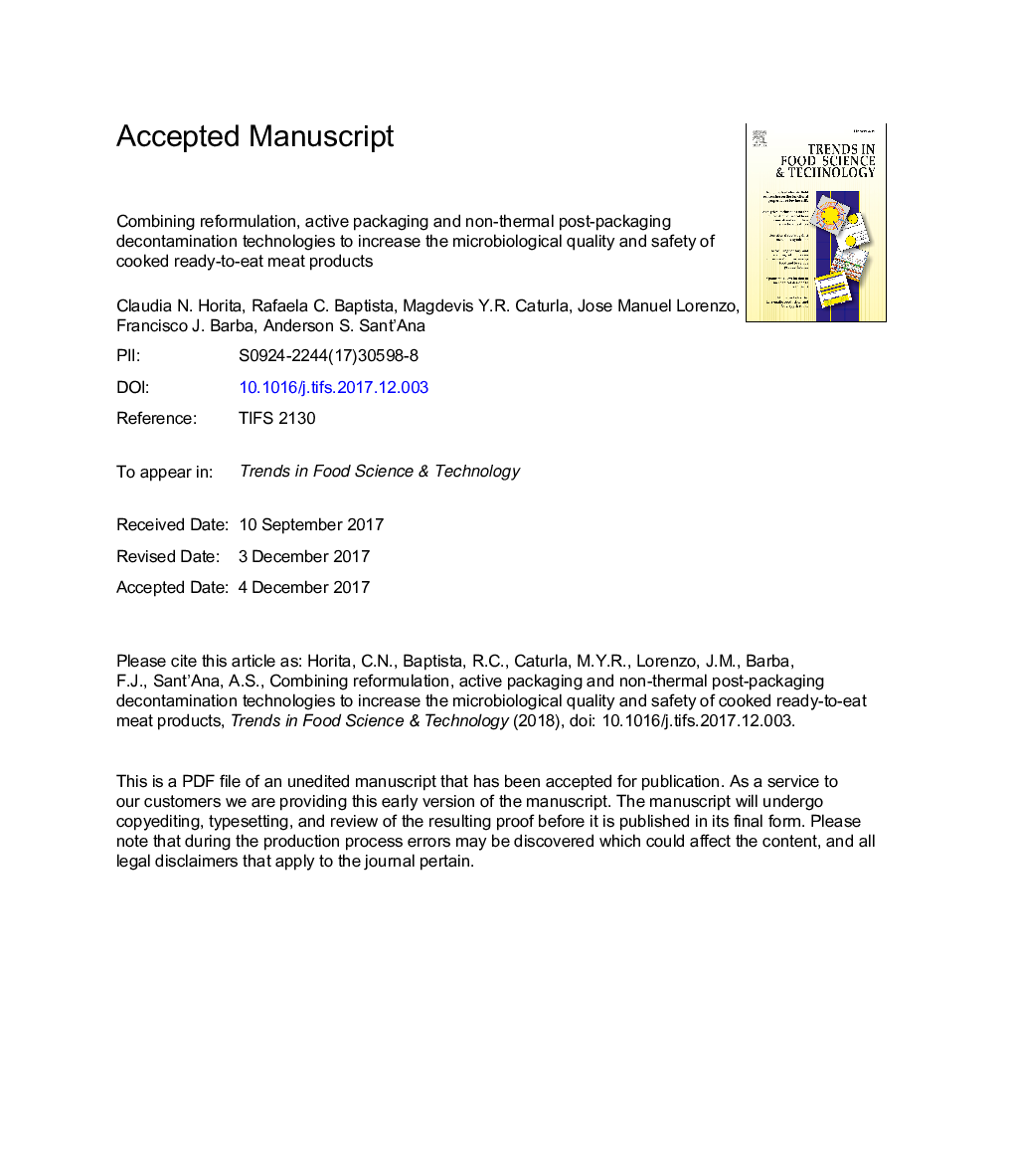 Combining reformulation, active packaging and non-thermal post-packaging decontamination technologies to increase the microbiological quality and safety of cooked ready-to-eat meat products