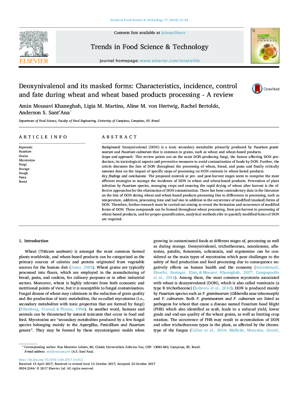 Deoxynivalenol and its masked forms: Characteristics, incidence, control and fate during wheat and wheat based products processing - A review