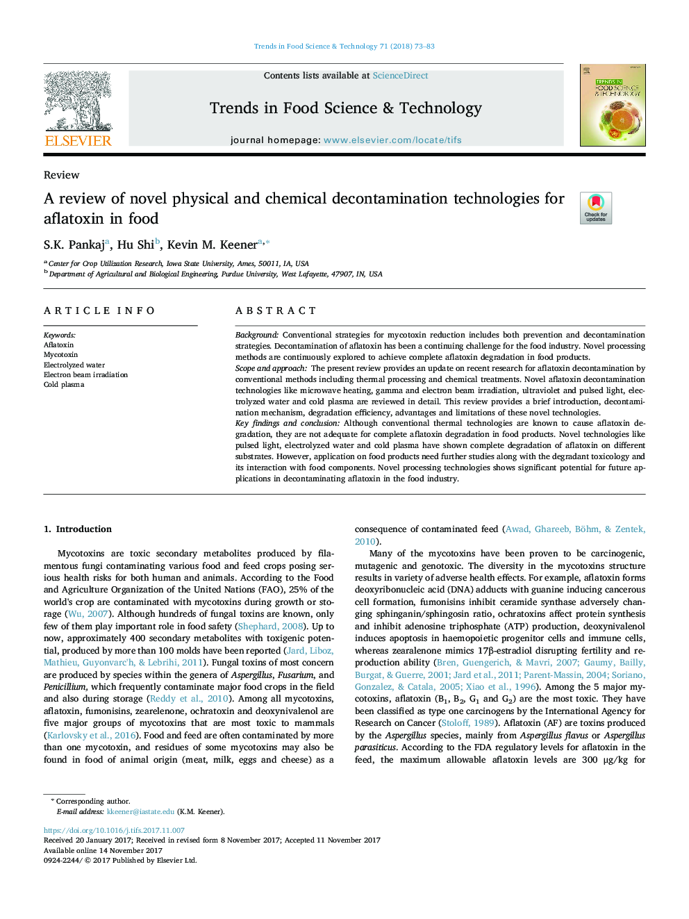 A review of novel physical and chemical decontamination technologies for aflatoxin in food