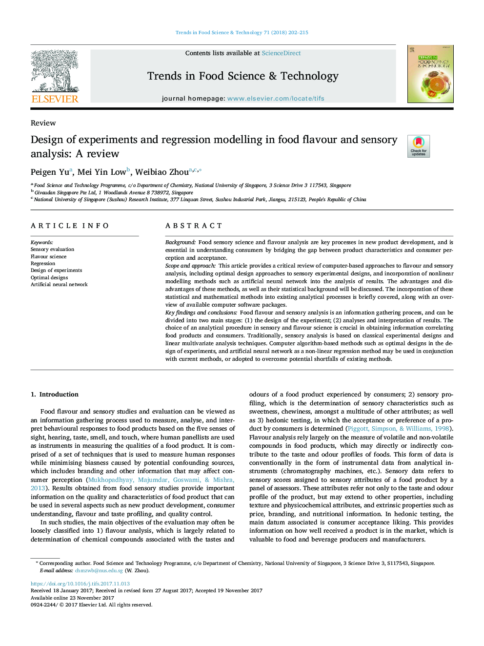 Design of experiments and regression modelling in food flavour and sensory analysis: A review