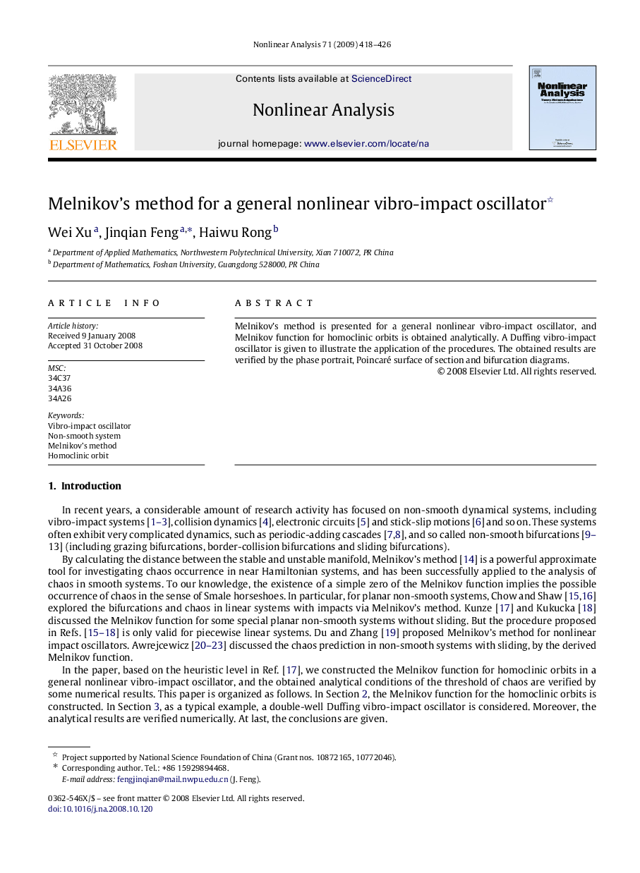 Melnikov’s method for a general nonlinear vibro-impact oscillator 