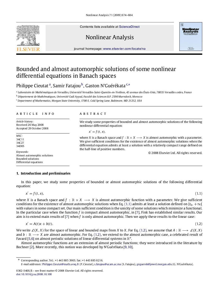 Bounded and almost automorphic solutions of some nonlinear differential equations in Banach spaces