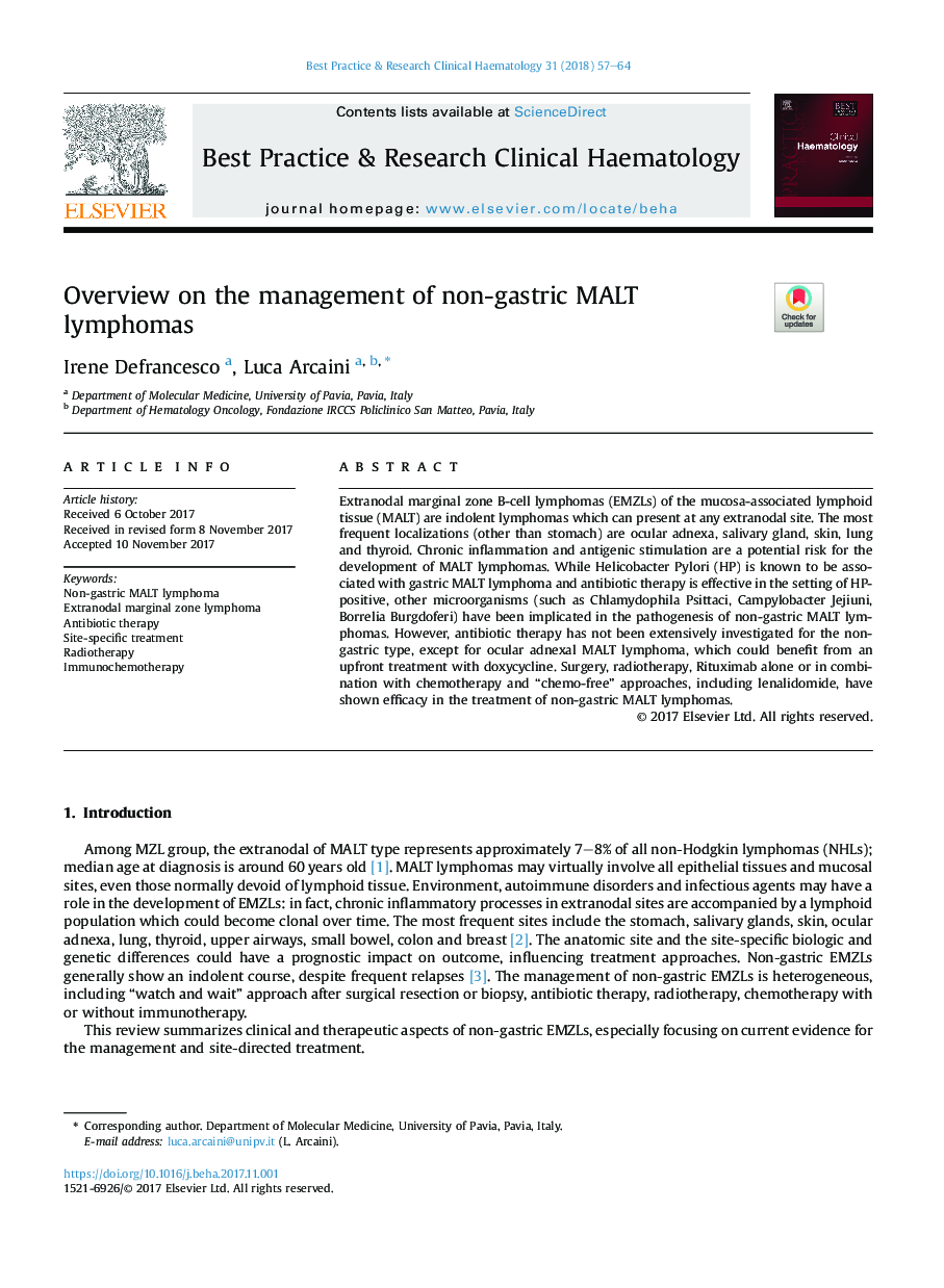 Overview on the management of non-gastric MALT lymphomas