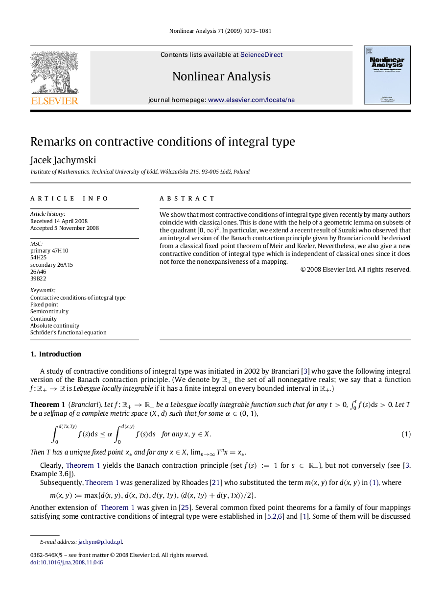 Remarks on contractive conditions of integral type