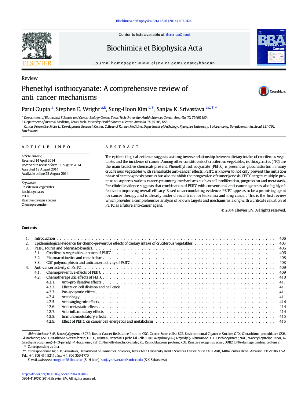 Phenethyl isothiocyanate: A comprehensive review of anti-cancer mechanisms