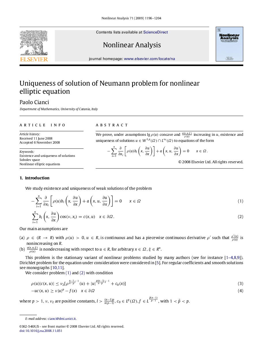 Uniqueness of solution of Neumann problem for nonlinear elliptic equation